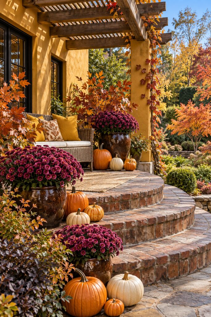Curved brick patio steps with plum mums orange and ivory pumpkins wicker bench and mustard pillows