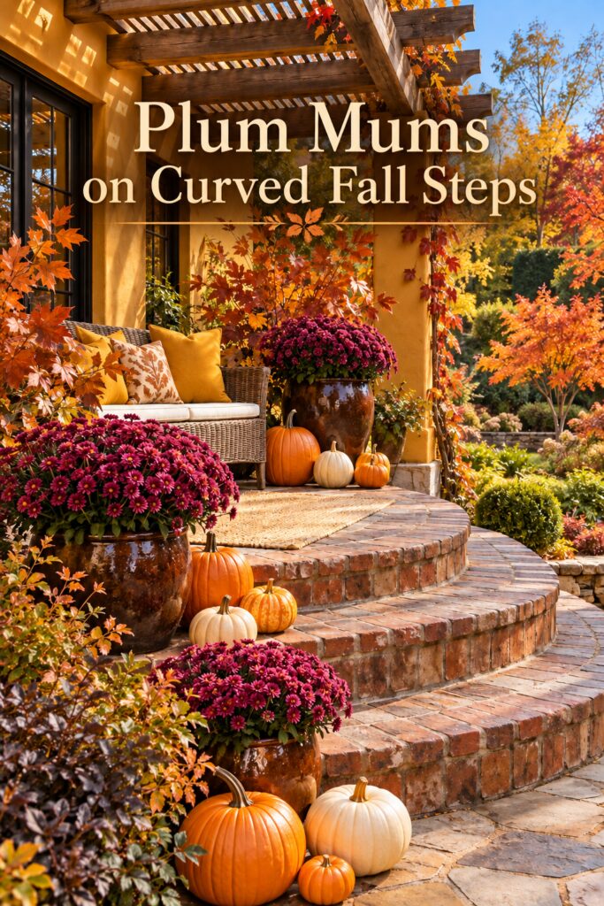 Fall patio with plum mums and curved brick steps below Plum Mums on Curved Fall Steps title