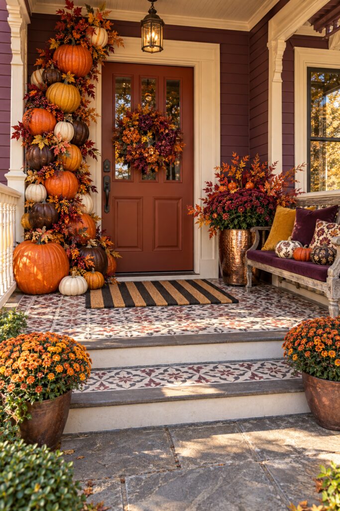 Plum Queen Anne porch with oversized pumpkin tower copper planter vintage bench and fall flowers