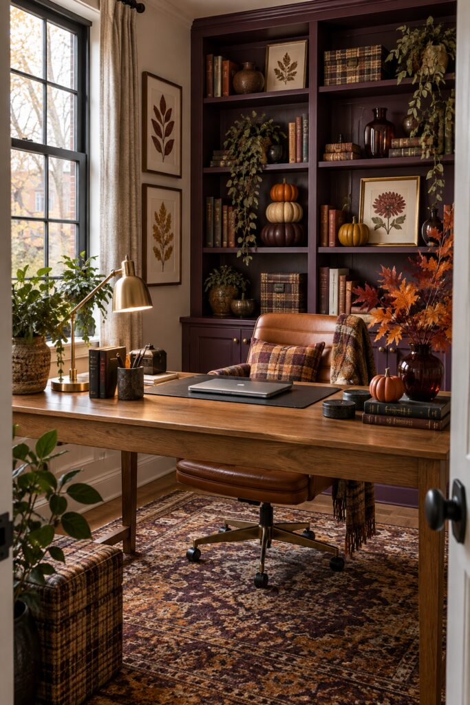 Plum built in fall home office with stacked pumpkins amber glass plaid storage and a clear oak desk