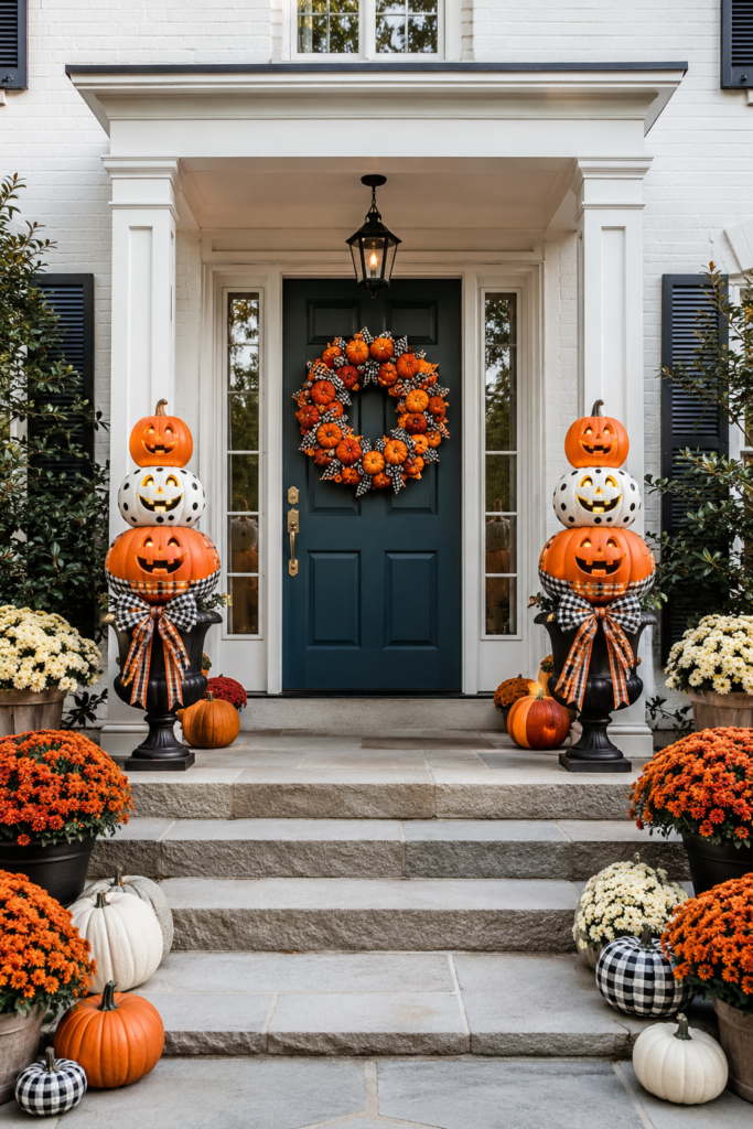 Halloween portico with matching jack o lantern topiaries gingham bows pumpkin wreath mums and decorated stone steps