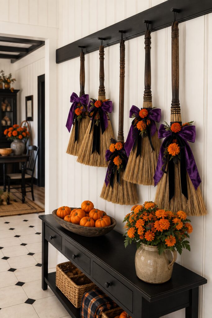 Halloween broom wall with five hanging straw brooms purple bows orange flowers and mini pumpkins on an entry console