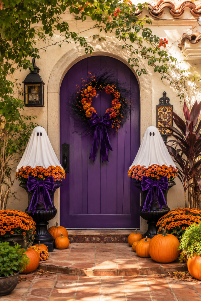 Halloween courtyard entry with purple arched door white ghosts above orange flowers in black urns and pumpkins