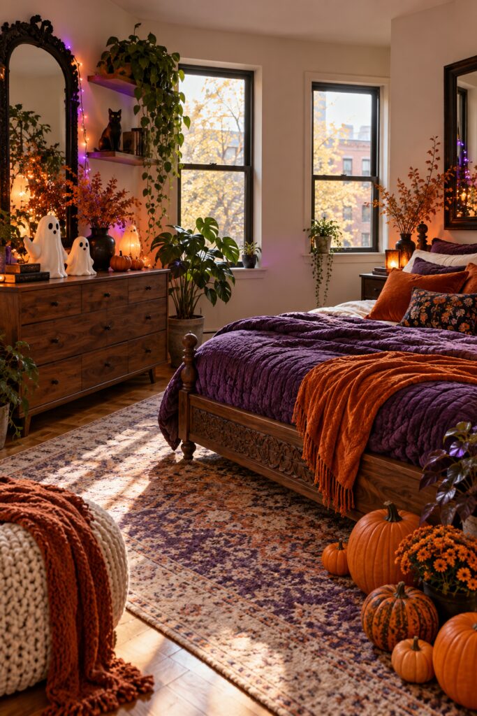 Bedroom with purple quilt orange pillows ghost figures on dresser pumpkins black cat and two windows