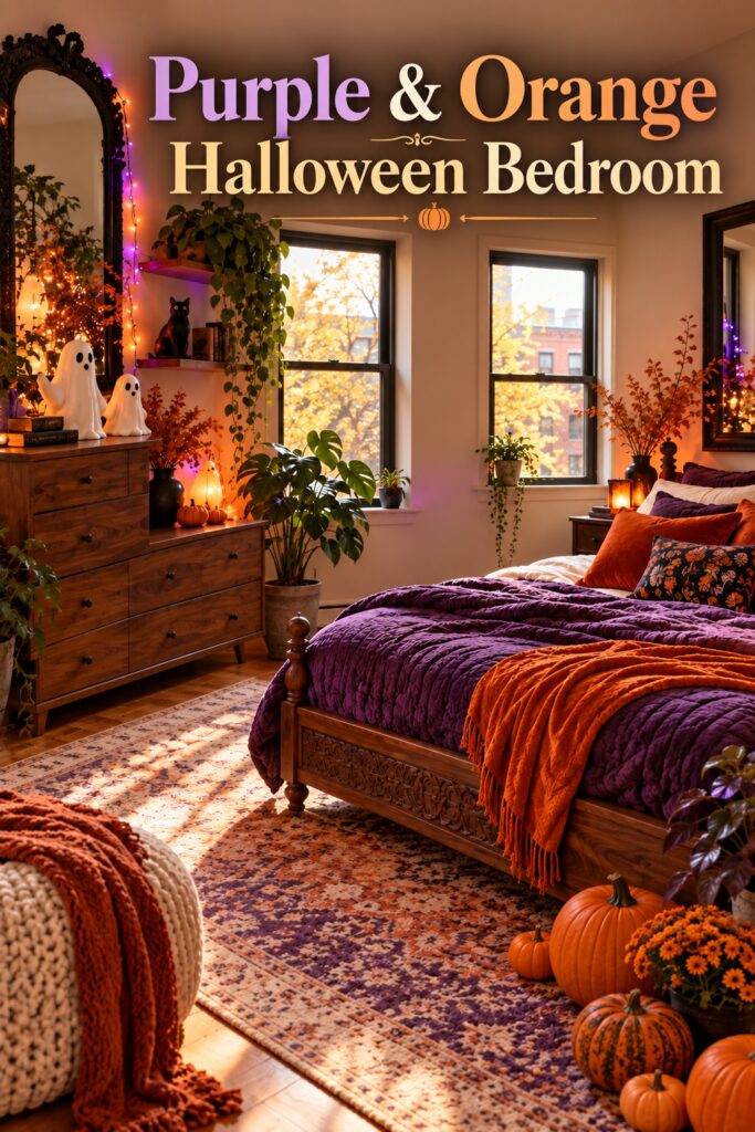 Purple and orange Halloween bedroom with friendly ghosts beneath title overlay