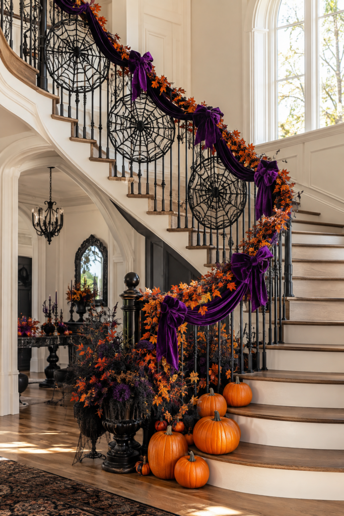 Halloween staircase with black lace spiderweb hangings purple ribbon swags orange leaf garland and pumpkins