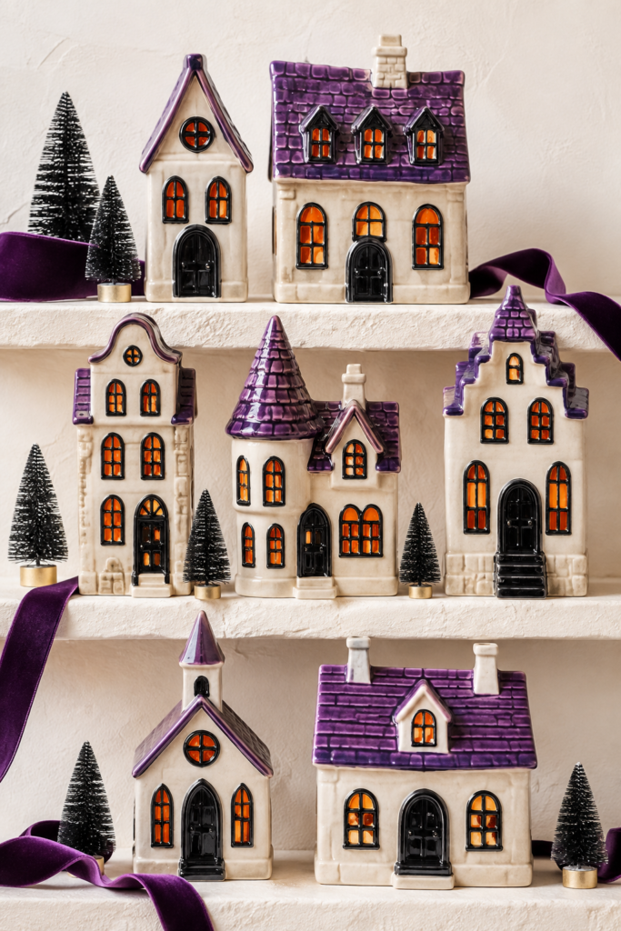 Ivory ceramic Halloween houses with purple roofs orange windows and black bottlebrush trees