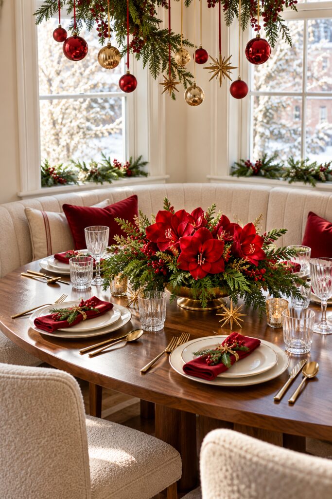 Oval breakfast table with low red amaryllis centerpiece ivory dishes red napkins gold flatware and hanging ornaments