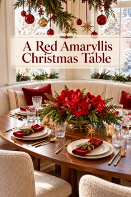 Red amaryllis Christmas table with elegant A Red Amaryllis Christmas Table title