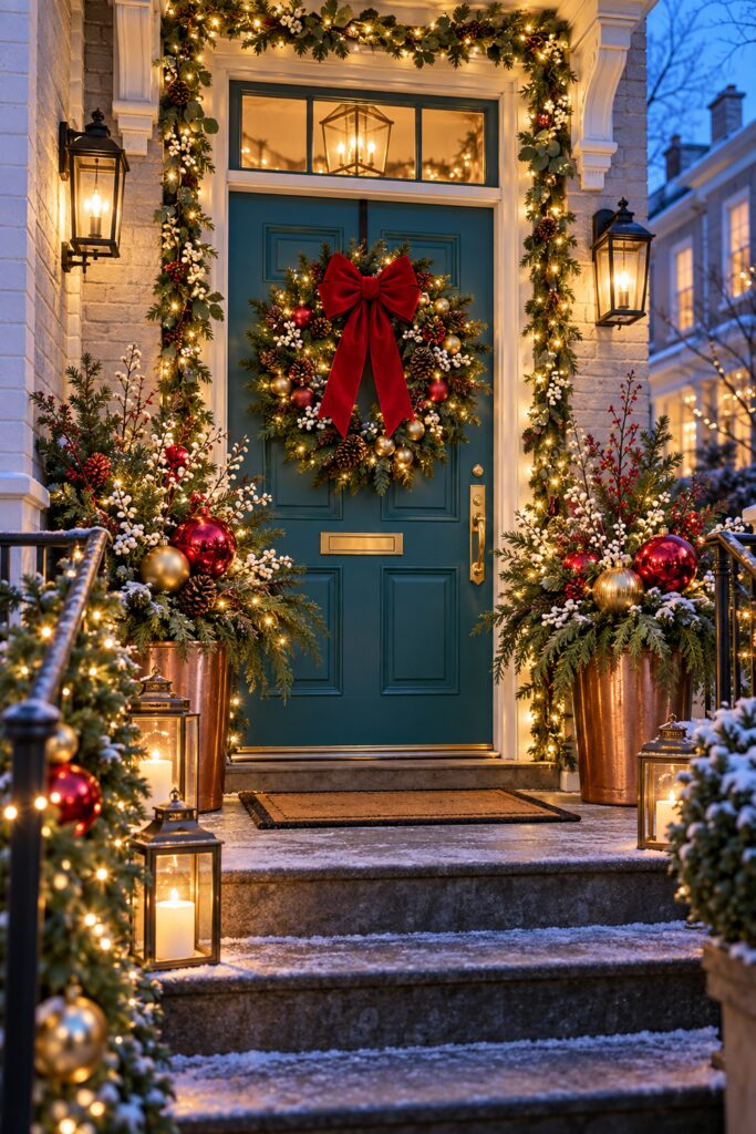 A generous red bow gives the evergreen wreath a focal point against a teal front door