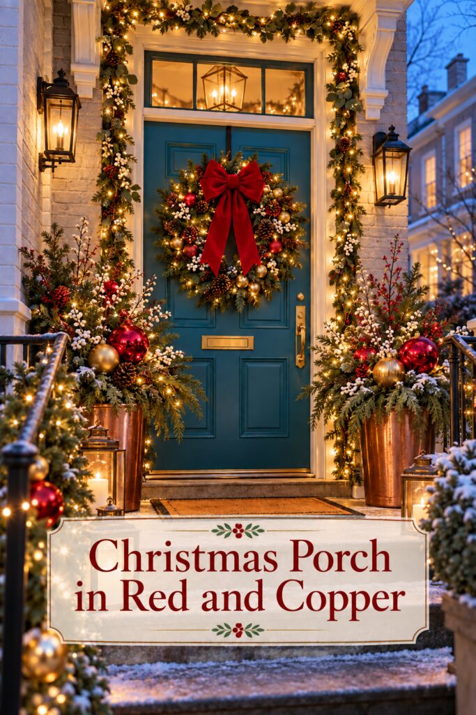 Text overlay reading Red Bow Christmas Wreath and Copper Porch Planters over symmetry of wreath and copper planters