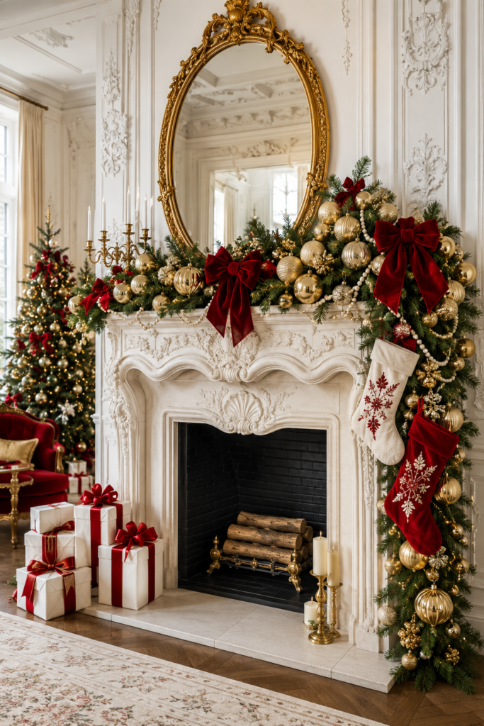 Red velvet and gold Christmas mantel with cascading ornaments embroidered stockings and ivory bead garland