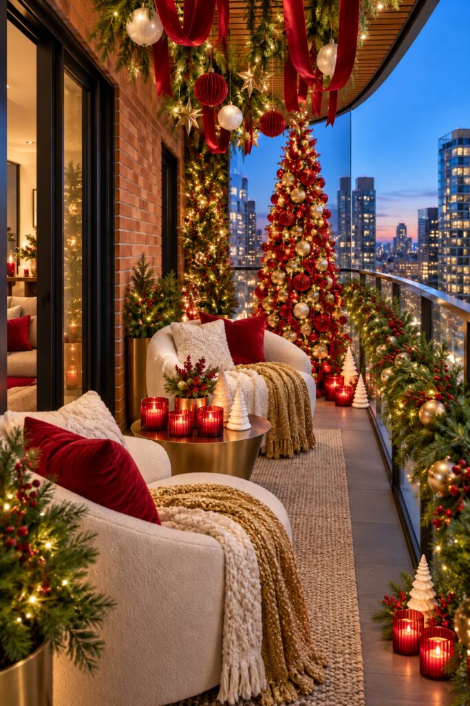 Narrow Christmas apartment balcony with a red and gold tree ivory chairs ceiling ribbons and glowing evergreen