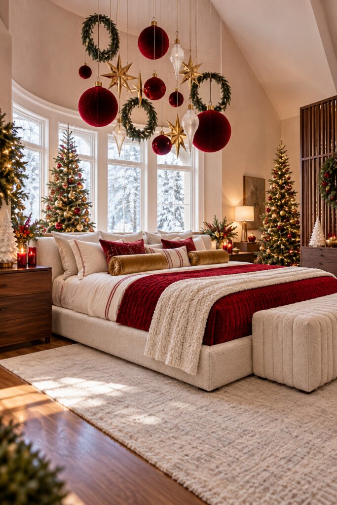 Red ornaments gold stars white finials and evergreen hoops above a Christmas bed framed by slim trees