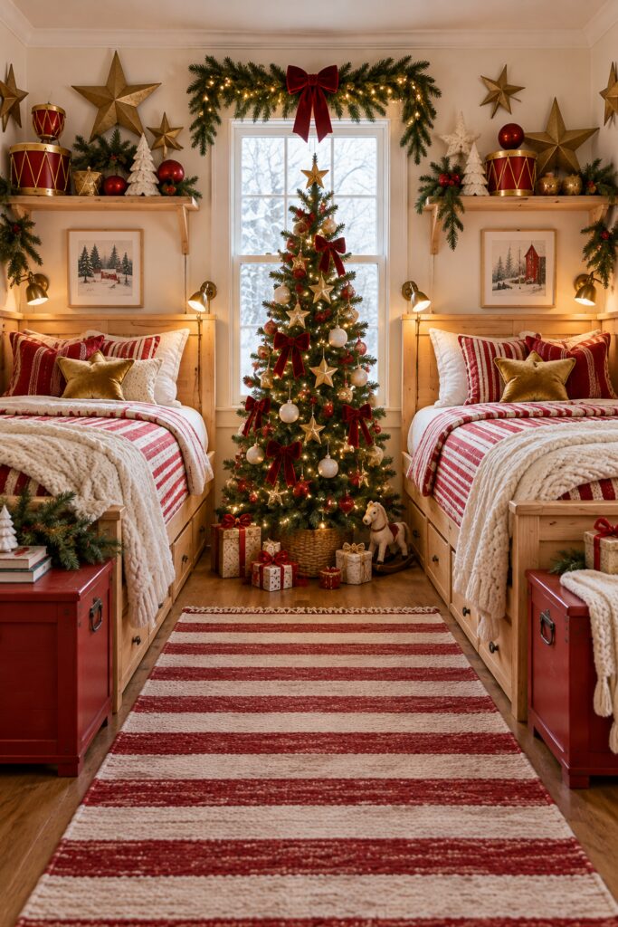 Red and gold Christmas twin bedroom with striped quilts slim central tree toy drums and gold stars