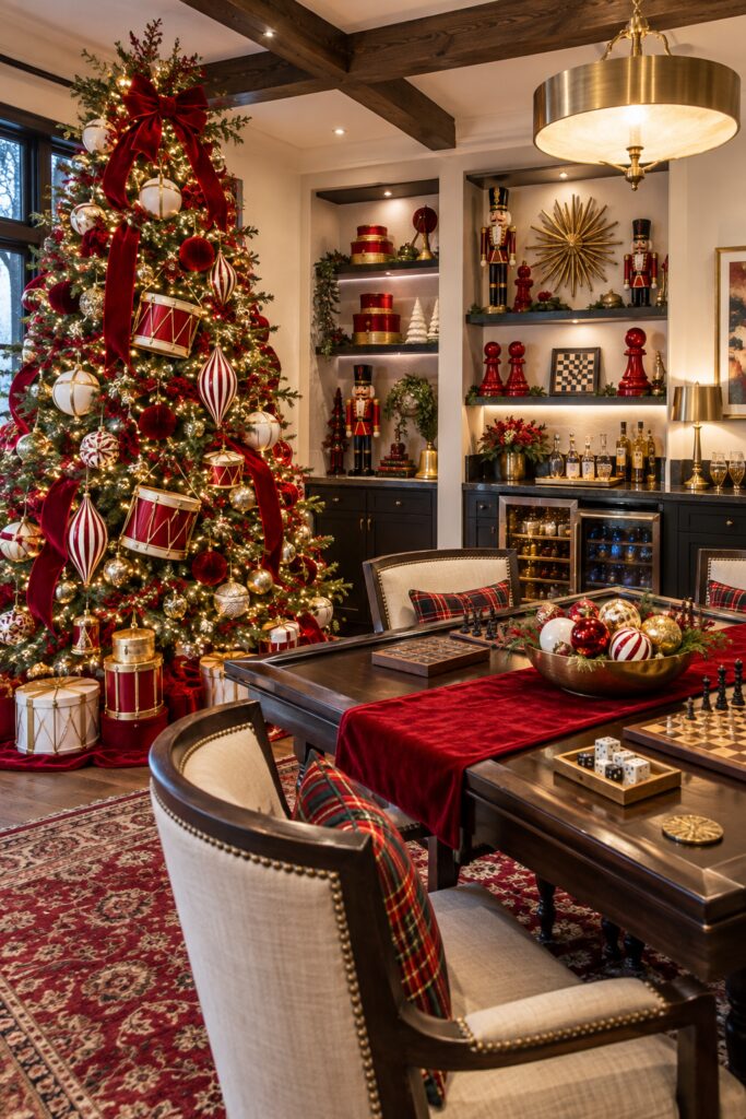 Red and gold Christmas game room with drum ornaments velvet ribbon toy soldiers and oversized game pieces