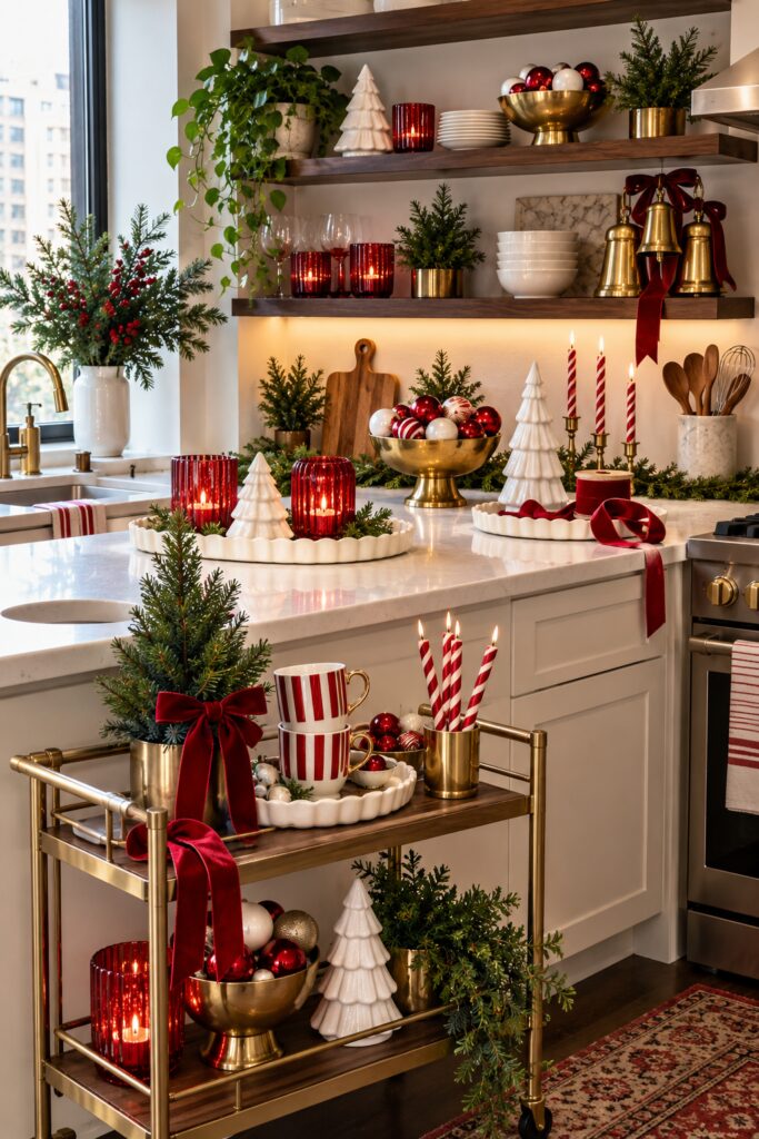 Red glass and gold Christmas kitchen collection with ceramic trees ornaments striped candles and greenery