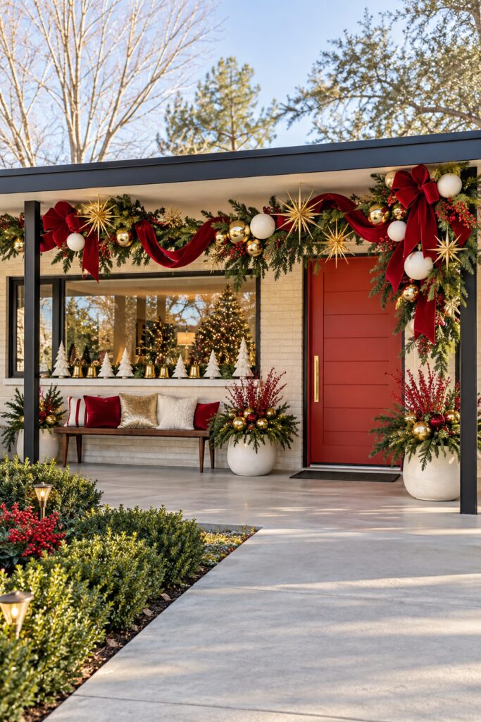 Ranch Christmas porch with red velvet garland gold starbursts white globes and planters beside a coral red door