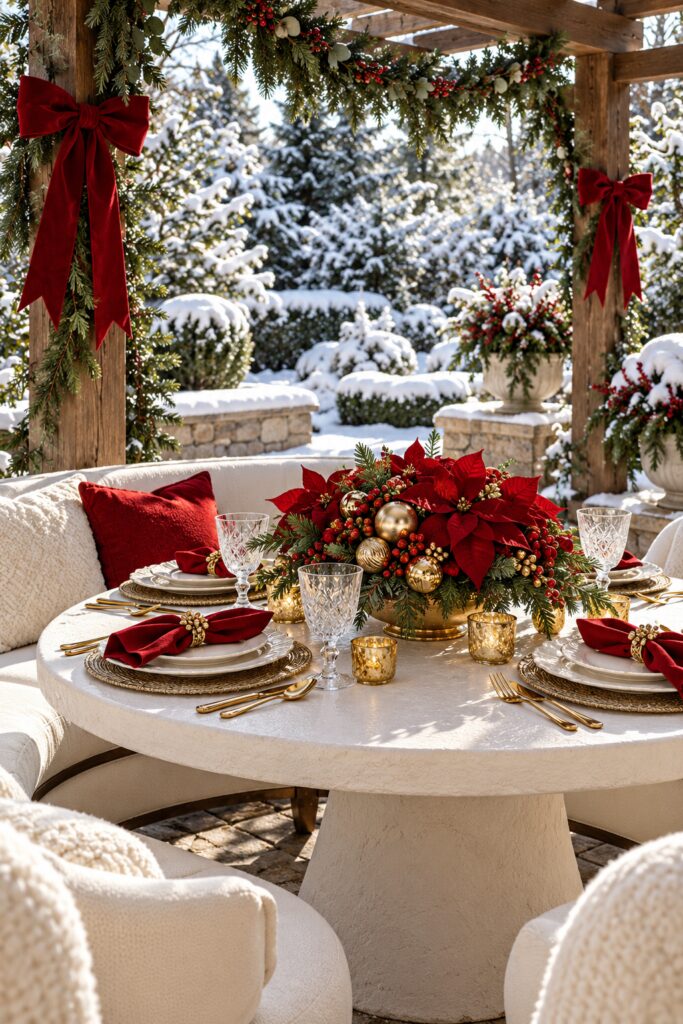 Round outdoor Christmas table with red poinsettias evergreen gold ornaments ivory dishes and snowy garden