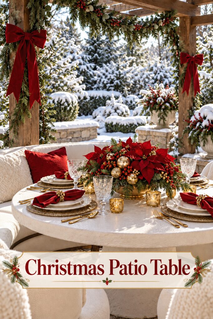Christmas patio table with red poinsettia centerpiece and a readable seasonal headline