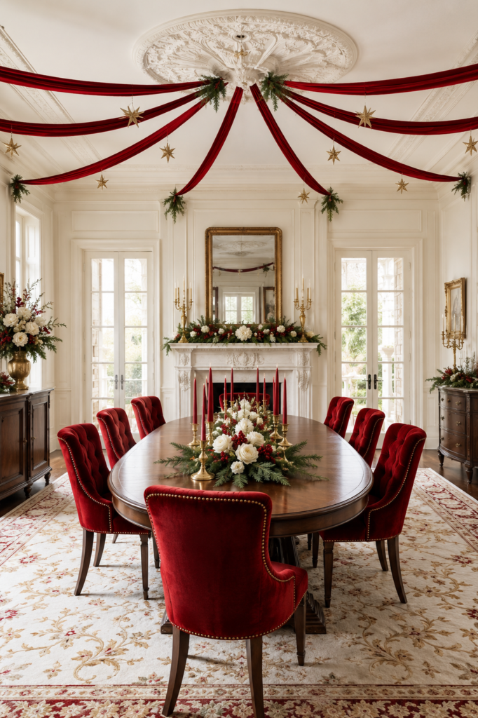 Christmas dining room with red velvet ceiling ribbons hanging gold stars and an evergreen table centerpiece
