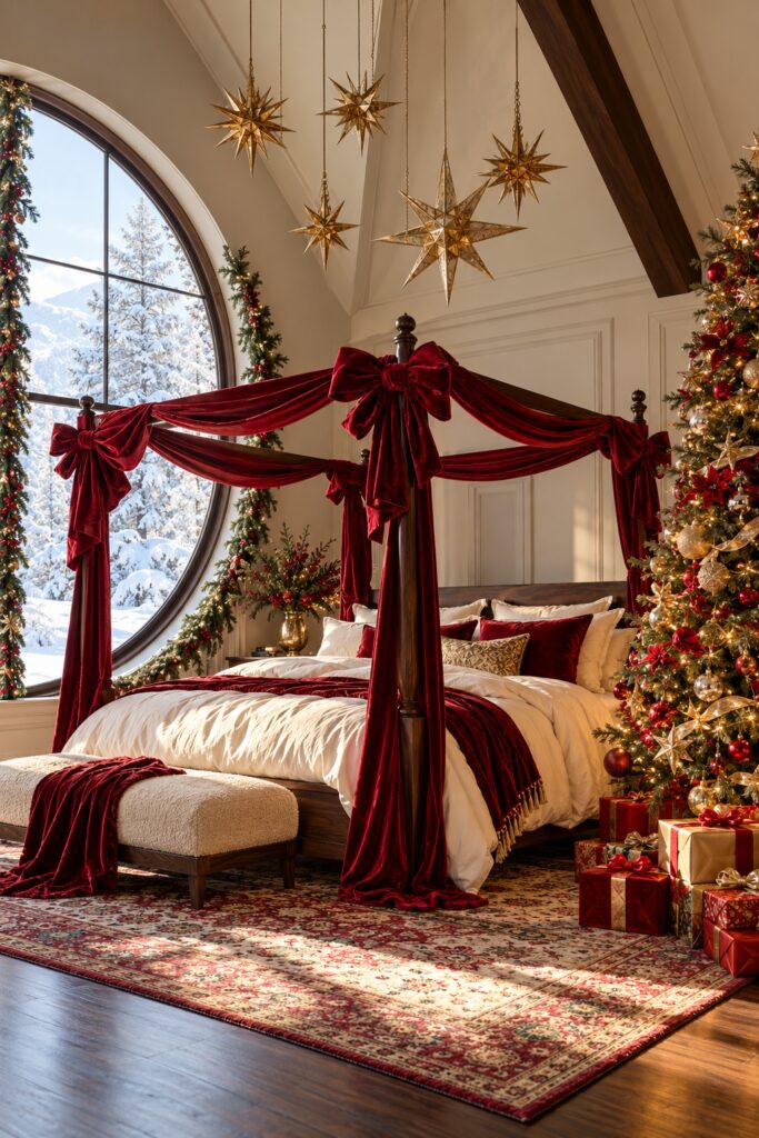 Four poster bedroom with red velvet canopy swags gold hanging stars arched snowy window and decorated Christmas tree