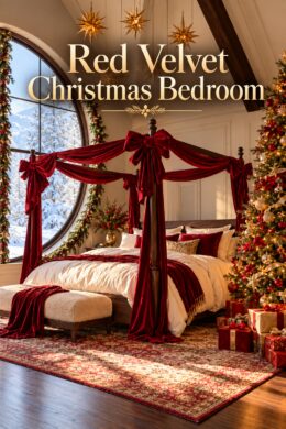 Red velvet canopy Christmas bedroom beneath the Red Velvet Christmas Bedroom title