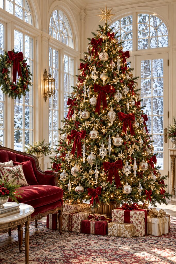 Tall Christmas tree with red velvet bows clear glass ornaments ivory ceramic ornaments gold accents and warm lights in a snowy arched window sunroom