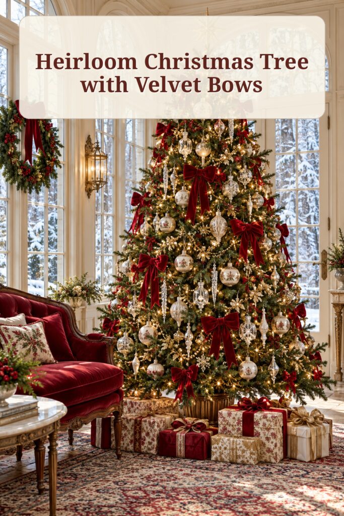 Tall heirloom Christmas tree with red velvet bows glass ornaments and the words Heirloom Christmas Tree with Velvet Bows