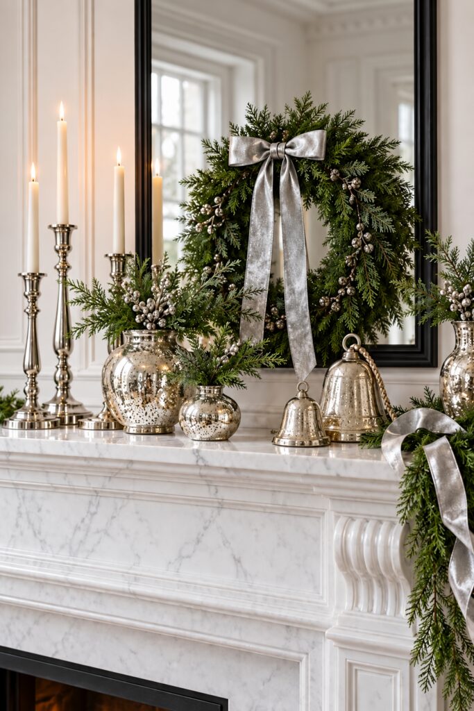 Silver bells mercury glass vases evergreen stems and tall candleholders on white marble beneath a wreath with a silver bow