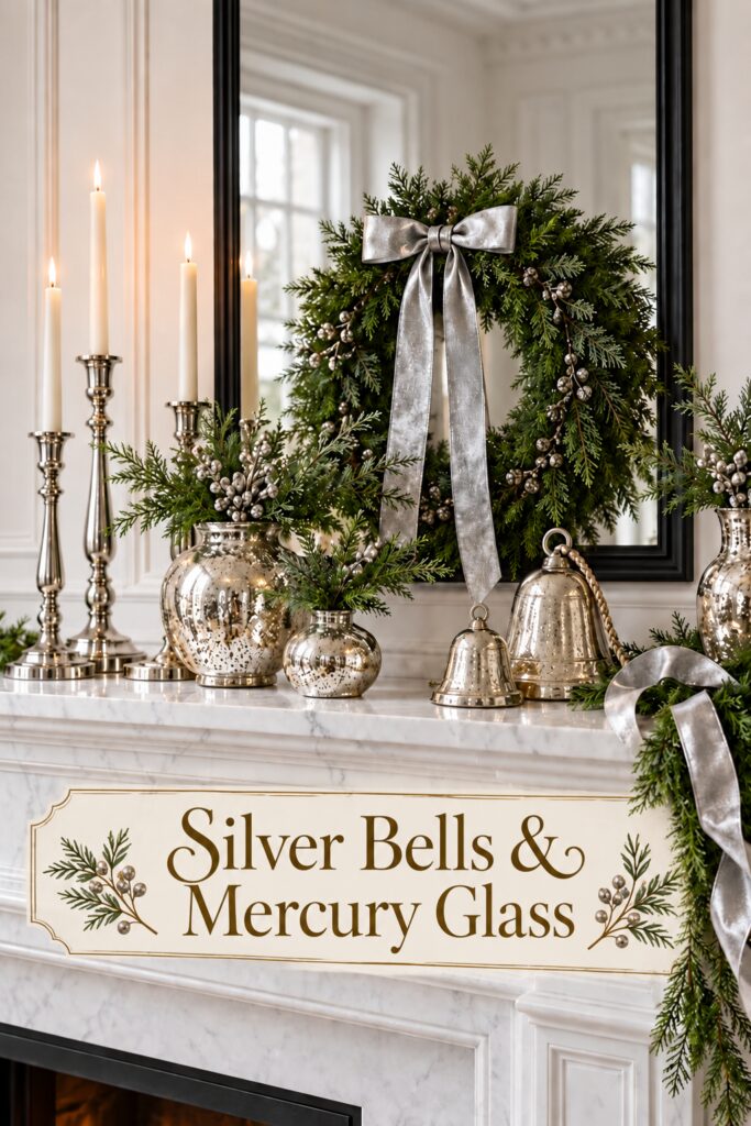 Christmas mantel with silver bells mercury glass and an evergreen wreath plus the words Silver Bells and Mercury Glass