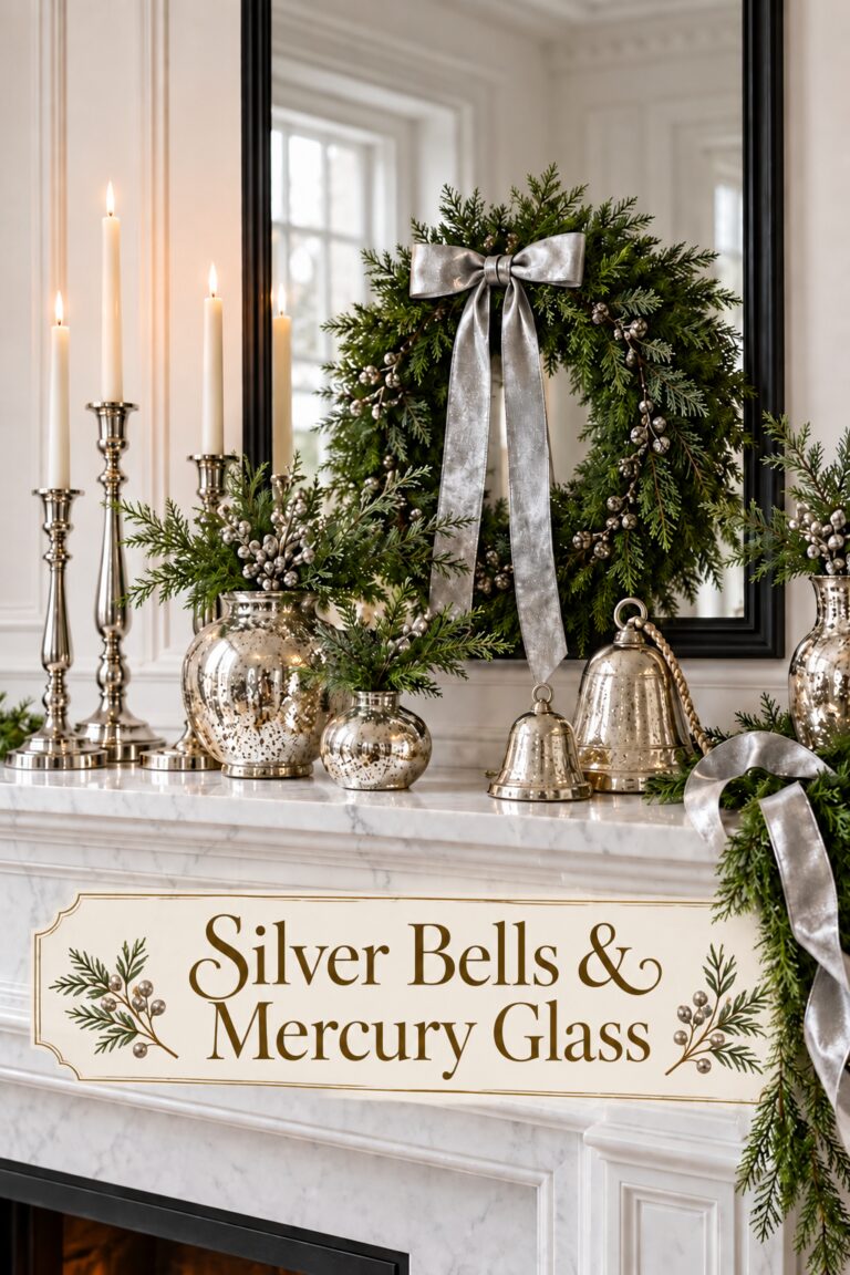 Christmas mantel with silver bells mercury glass and an evergreen wreath plus the words Silver Bells and Mercury Glass