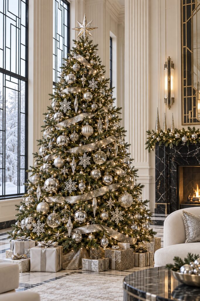 Full green Christmas tree with silver ribbon large metallic ornaments white snowflakes warm lights and pale gifts beside tall windows
