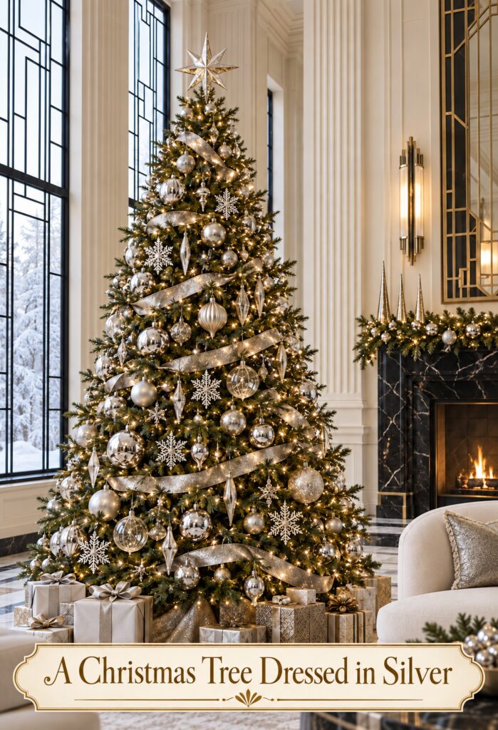 Silver decorated Christmas tree with the words A Christmas Tree Dressed in Silver across a pale lower panel