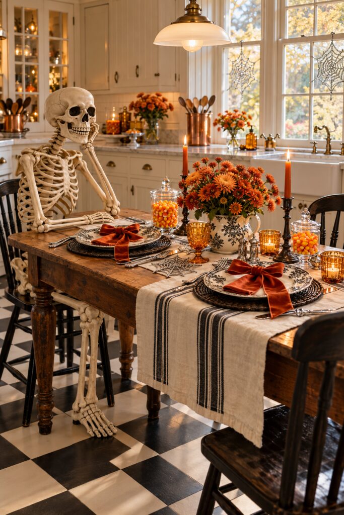 Skeleton seated at a wooden Halloween breakfast table with orange mums candy corn jars rust velvet bows and silver web accents in a cream kitchen