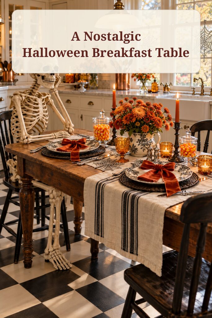 Nostalgic Halloween breakfast table with a seated skeleton orange flowers candy jars and the words A Nostalgic Halloween Breakfast Table