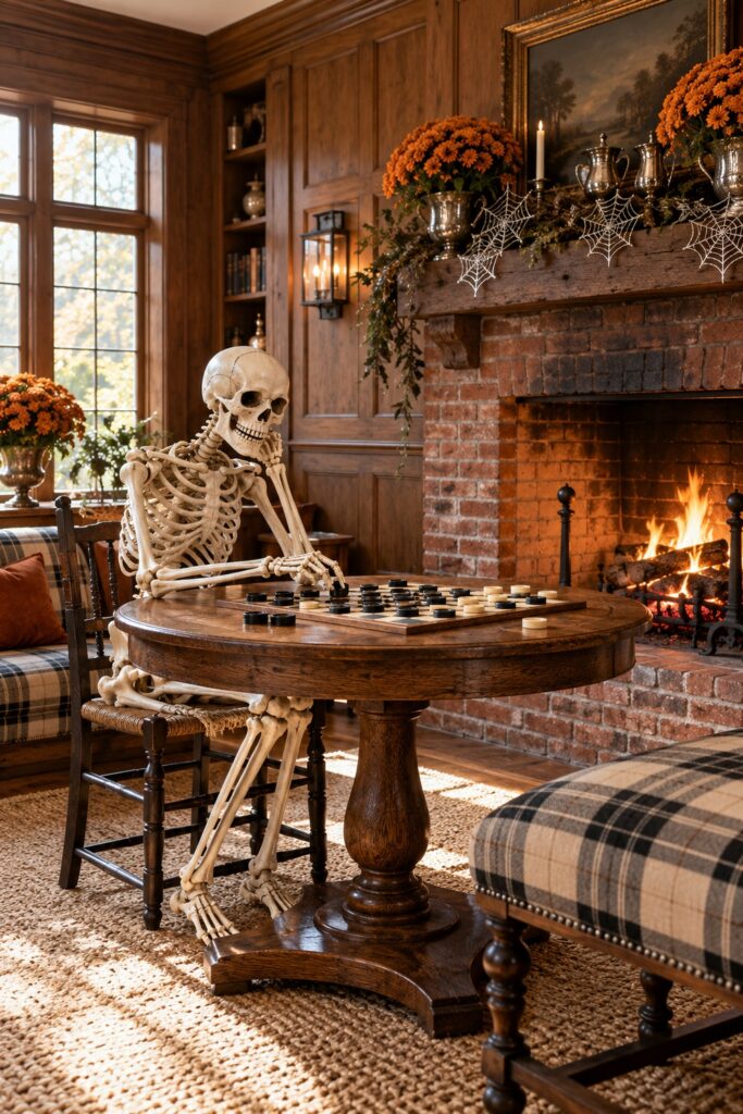 Skeleton seated at a wooden checkerboard table beside a brick fireplace with orange mums and pale spiderweb accents