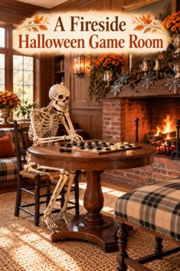 A Fireside Halloween Game Room headline over skeleton seated at a wooden checkerboard table beside a brick fireplace with orange mums and pale spiderweb accents