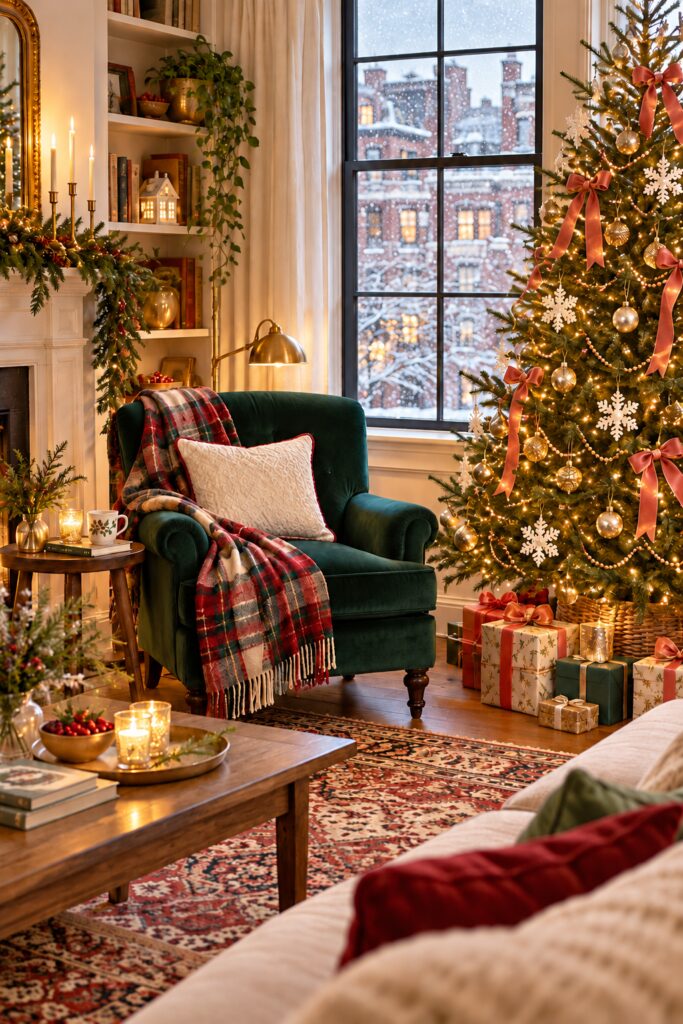 A green velvet chair sits beside a lit Christmas tree near a tall snowy window