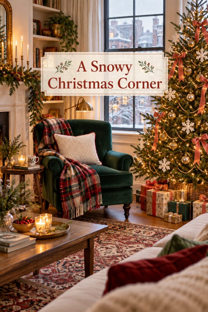 Text overlay reading A Snowy Apartment Christmas Corner with a Velvet Chair over compact pairing of chair and tree beside snowy window