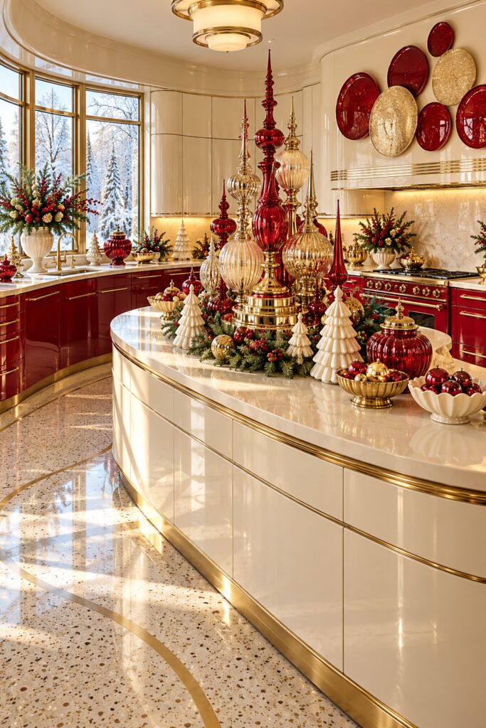 Christmas kitchen with tall red and gold glass finials on a curved ivory island