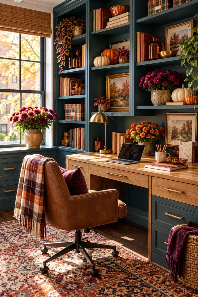 Deep teal built ins give this home office an unexpected backdrop for fall
