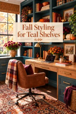 Text overlay reading Fall Styling for Teal Office Shelves and an Oak Desk over small seasonal clusters against deep teal shelves