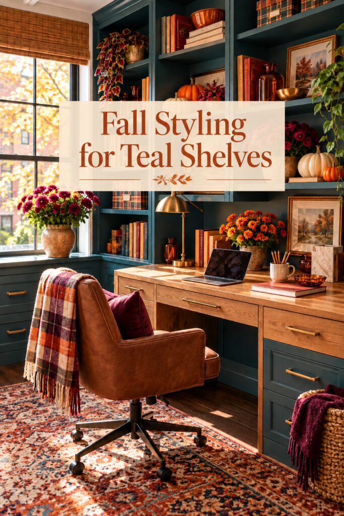 Text overlay reading Fall Styling for Teal Office Shelves and an Oak Desk over small seasonal clusters against deep teal shelves
