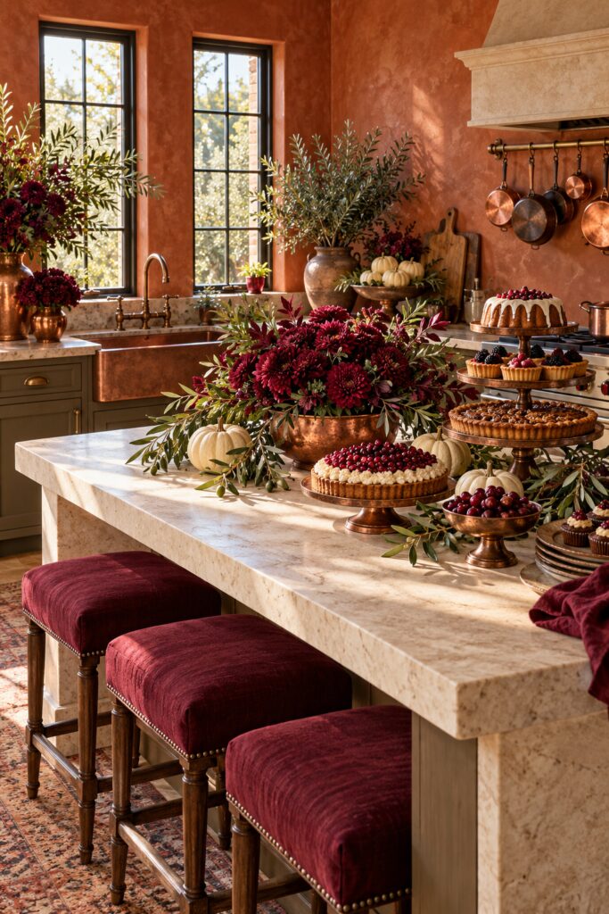 Limestone kitchen island with burgundy flowers copper dessert stands and Thanksgiving cakes beneath terracotta walls