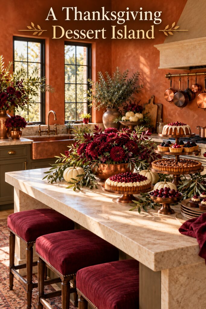 Thanksgiving dessert island with burgundy flowers and title A Thanksgiving Dessert Island