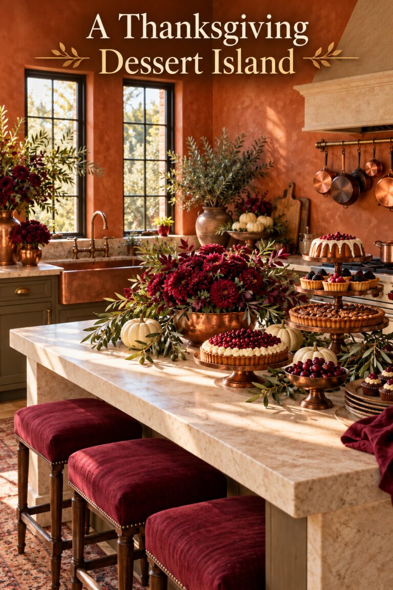 Thanksgiving dessert island with burgundy flowers and title A Thanksgiving Dessert Island