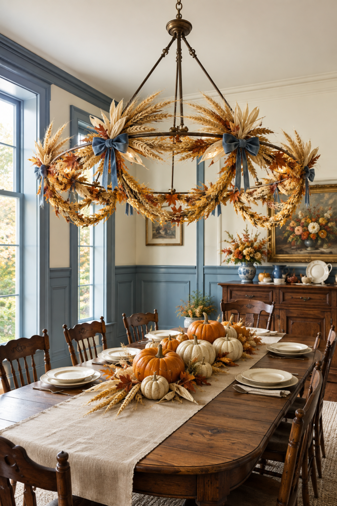 Thanksgiving wheat swag chandelier with blue velvet bows above a pumpkin harvest dining table