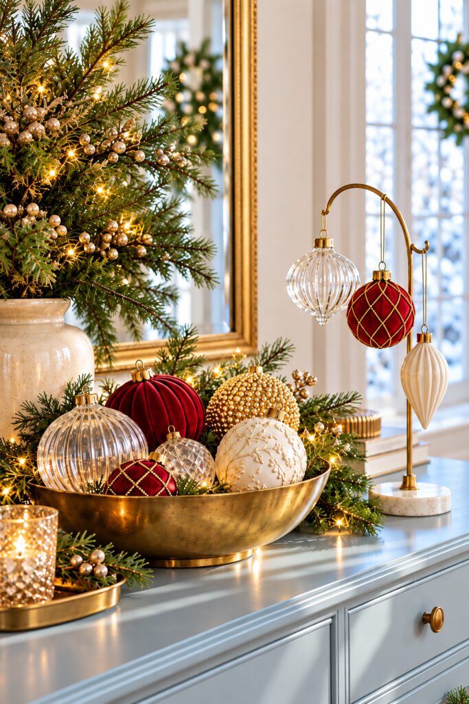ornate red white and gold ornaments in a gold bowl on pale blue chest of drawers