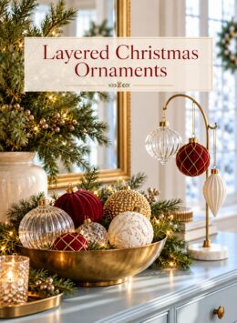 Text overlay reading A Christmas Ornament Display in Velvet Glass and Ceramic over contrast among velvet ribbed glass ceramic and gold